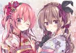  2girls ;) arms_up black_gloves blush bow braid commentary_request curly_hair eyebrows_visible_through_hair finger_to_mouth floral_print flower french_braid frilled_kimono frills gloves hair_bow hair_flower hair_ornament hair_scrunchie highres honoka_(1399871) japanese_clothes kimono light_brown_hair lipstick long_sleeves looking_at_viewer makeup moka_(honoka_chiffon) multiple_girls one_eye_closed one_side_up original pink_hair portrait purple_kimono purple_scrunchie red_kimono rose_(honoka_chiffon) sash scrunchie sidelocks smile tied_hair v violet_eyes 