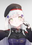  1girl beret blurry cheek_pull commentary facial_mark girls_frontline gloves green_eyes hat highres hk416_(girls_frontline) long_hair secretperson self_shot silver_hair simple_background solo 