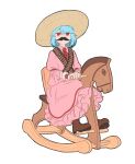  blue_hair boots brown_footwear bullet cosplay dress emiliano_zapata facial_hair hat mefomefo mustache pink_dress puffy_short_sleeves puffy_sleeves red_eyes remilia_scarlet ribbon short_hair short_sleeves simple_background sitting sitting_on_object sombrero touhou toy white_background wooden_horse 