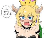  1girl blonde_hair blue_eyes bowser bowsette breasts cleavage collar crown earrings genderswap genderswap_(mtf) horns jewelry korean large_breasts new_super_mario_bros._u_deluxe ponytail simple_background speech_bubble spikes tears upper_body white_background wootsang 