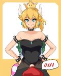  1boy 1girl black_dress blonde_hair blue_eyes blush bowser bowsette breasts cabbie_hat cleavage crown dress earrings fang genderswap genderswap_(mtf) hands_on_hips hat highres horns jewelry looking_up mario super_mario_bros. new_super_mario_bros._u_deluxe nintendo nose smile strapless strapless_dress thought_bubble tsunemuku_sakami 