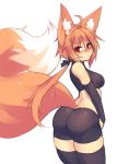  1girl ahoge animal_ear_fluff animal_ears ass bare_shoulders bike_shorts black_gloves black_legwear black_ribbon blush closed_mouth commentary elbow_gloves eyebrows_visible_through_hair eyes_visible_through_hair fluffy fox_ears fox_tail gloves hair_between_eyes hair_ribbon highres kiri_(sub-res) looking_at_viewer midriff orange_hair original pout red_eyes ribbon short_hair_with_long_locks simple_background sketch solo sports_bra sub-res tail thigh-highs v-shaped_eyebrows white_background 