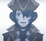  1girl au_ra black_hair blur close-up dragon_horns eyepatch face fangs final_fantasy final_fantasy_xiv gloves hair_over_one_eye hat horns koyorin monochrome open_mouth pirate_hat scales short_hair signature solo tears white_background 