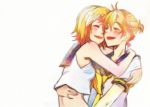  1boy 1girl arm_around_shoulder armpits blonde_hair blurry blush brother_and_sister cheek-to-cheek closed_eyes crop_top hair_ornament hairclip hand_on_another&#039;s_back hand_on_another&#039;s_shoulder happy hazun_(hazukichi0827) hug kagamine_len kagamine_rin sailor_collar scribble short_hair siblings sketch smile twins vocaloid 