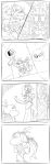  1girl 2boys bag bag_over_head bowser bowser_jr. breast_grab breast_lift breasts castle cleavage crown father_and_son genderswap genderswap_(mtf) grabbing high_ponytail highres horns large_breasts super_mario_bros. matsu-sensei mirror monochrome multiple_boys nintendo nintendo_switch paper_bag self_fondle speech_bubble super_mario_bros. tail walk-in 