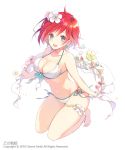  1girl 2018 :d anklet aqua_ribbon barefoot bikini blue_eyes bracelet breasts cleavage collarbone earrings eyebrows_visible_through_hair flower full_body groin hair_between_eyes hair_flower hair_ornament hibiscus holding jewelry jonejung kneeling large_breasts looking_at_viewer navel open_mouth original redhead ribbon shiny shiny_hair short_hair side-tie_bikini simple_background smile solo swimsuit thigh_strap white_background white_bikini white_flower 