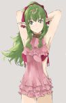 1girl armpits arms_up chiki chiki_(cosplay) closed_mouth cosplay fire_emblem fire_emblem:_kakusei fire_emblem:_mystery_of_the_emblem fire_emblem_heroes green_eyes green_hair grey_background hair_ribbon highres long_hair mamkute nintendo pink_swimsuit pointy_ears ponytail ribbon sakuuremi simple_background smile solo swimsuit tiara 