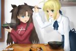  10s 2011 2girls ahoge artist_name artoria_pendragon_(all) black_hair blonde_hair blue_eyes bowl chopsticks deviantart emiya-san_chi_no_kyou_no_gohan fate/hollow_ataraxia fate/stay_night fate/unlimited_codes fate_(series) food green_eyes hair_ribbon long_hair neck_ribbon ribbon saber tohsaka_rin tonnelee turtleneck turtleneck_sweater twintails unlimited_blade_works vest 