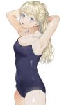  1girl :d armpits asobi_asobase blonde_hair blue_swimsuit blush breasts covered_navel droplet highres long_hair looking_up olivia_(asobi_asobase) one-piece_swimsuit open_mouth school_swimsuit small_breasts smile solo standing swimsuit very_long_hair wet white_background 