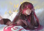  1girl absurdres ass bangs bodysuit breasts fate_(series) hair_between_eyes hands_up highres hips large_breasts long_hair looking_at_viewer lying on_stomach open_mouth purple_bodysuit purple_hair qmo_(chalsoma) red_eyes red_lips scathach_(fate)_(all) scathach_(fate/grand_order) sidelocks smile solo veil very_long_hair 