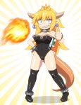  1girl anklet bangs bare_arms bare_shoulders black_collar black_legwear blonde_hair blue_eyes blush_stickers bowser bowsette breasts cleavage collar commentary constricted_pupils covered_navel crown earrings eyebrows_visible_through_hair fireball full_body genderswap genderswap_(mtf) hair_between_eyes horns jewelry large_breasts leotard long_hair super_mario_bros. mini_crown new_super_mario_bros._u_deluxe nintendo no_nose no_shoes pointy_ears shadow shiny shiny_clothes shiny_skin shirosato slit_pupils solo spiked_anklet spiked_collar spiked_shell spikes standing strapless strapless_leotard sunburst tail thick_eyebrows thigh-highs thighs thumbs_up white_background yellow_background 