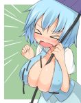  &gt;_&lt; 1girl aqua_hair blush breasts bursting_breasts commentary_request garasuita holding holding_umbrella large_breasts open_clothes open_shirt purple_umbrella short_hair short_sleeves solo sweat tatara_kogasa touhou umbrella 