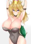  1girl armlet armpits arms_behind_head arms_up bangs bare_shoulders blonde_hair blue_eyes blush bowser bowsette breasts cleavage closed_mouth collar collarbone covered_navel crown fang genderswap genderswap_(mtf) grey_leotard hair_between_eyes highleg highleg_leotard highres hips horns large_breasts leotard long_hair looking_at_viewer super_mario_bros. new_super_mario_bros._u_deluxe nintendo ponytail sankakusui shell shiny shiny_skin simple_background smile solo spiked_collar spikes super_crown waist white_background 