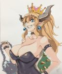  1girl ;d ball_and_chain blonde_hair blue_eyes borrowed_design bowser bowsette bracelet breasts brooch collar collarbone earrings eyebrows_visible_through_hair hair_between_eyes hand_on_hip high_ponytail highres horns jewelry large_breasts super_mario_bros. meme50 nail_polish new_super_mario_bros._u_deluxe nintendo one_eye_closed open_mouth signature simple_background smile solo spiked_bracelet spiked_collar spikes strapless super_crown super_mario_bros. turtle_shell upper_body 