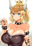  1girl armlet bare_shoulders black_dress black_nails blonde_hair blue_eyes bowser bowsette bracelet breasts brooch claw_pose cleavage collar collarbone dress earrings fang fang_out genderswap genderswap_(mtf) horns jewelry large_breasts super_mario_bros. nail_polish new_super_mario_bros._u_deluxe nintendo sharp_teeth spiked_armlet spiked_bracelet spiked_collar spikes strapless strapless_dress super_crown teeth thick_eyebrows turtle_shell upper_body yac_(mokkori) 