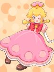  1girl ;d artist_name blonde_hair bow brown_footwear crown dress earrings full_body grey_eyes highres hino_(8) jewelry looking_at_viewer medium_hair new_super_mario_bros._u_deluxe one_eye_closed open_mouth peachette pink_background pink_dress puffy_short_sleeves puffy_sleeves red_bow short_sleeves sitting smile solo toadette twintails 