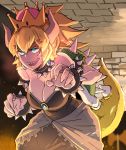  1girl :d bare_shoulders blue_eyes blush bowsette breasts butcha-u cleavage crown dress highres large_breasts long_hair super_mario_bros. nintendo open_mouth shell sleeveless sleeveless_dress smile solo super_mario_bros. tail teeth turtle_shell 