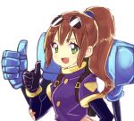  1girl :d blue_shirt breasts brown_hair commentary_request crop_top eyewear_on_head gloves green_eyes jacket long_hair looking_at_viewer mechanical_arm murata_tefu open_mouth ponytail precis_neumann shirt simple_background smile solo star_ocean star_ocean_the_second_story 