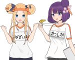  2girls :d abigail_williams_(fate/grand_order) absurdres atsumisu bangs black_bow blush bow breasts commentary_request double_bun eyebrows_visible_through_hair fate/grand_order fate_(series) flower forehead gym_shirt gym_uniform hair_bow hair_bun hair_flower hair_ornament hand_up hands_up headband highres holding holding_whistle katsushika_hokusai_(fate/grand_order) long_hair multiple_girls name_tag open_mouth orange_bow orange_headband parted_bangs pink_flower polka_dot polka_dot_bow purple_hair shirt short_hair short_sleeves side_bun sidelocks simple_background small_breasts smile violet_eyes whistle white_background white_shirt 
