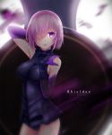  1girl bare_shoulders bodysuit breasts character_name elbow_gloves fate/grand_order fate_(series) fmg gloves hair_over_one_eye hand_on_own_shoulder highres large_breasts mash_kyrielight purple_hair solo violet_eyes 