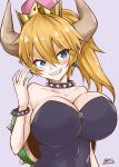  1girl bare_shoulders blonde_hair blue_eyes blush borrowed_character bowser bowsette bracelet breasts choker collar commentary_request crown dress earrings eyebrows_visible_through_hair genderswap genderswap_(mtf) grin hair_between_eyes highres horns huge_breasts jewelry super_mario_bros. new_super_mario_bros._u_deluxe nintendo pointy_ears ponytail shell signature simple_background sleeveless sleeveless_dress smile solo studded_bracelet studded_collar upper_body yamato_nadeshiko 