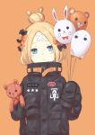  104 1girl :o abigail_williams_(fate/grand_order) balloon bangs black_bow black_jacket blonde_hair blue_eyes blush_stickers bow commentary_request crossed_bandaids fate/grand_order fate_(series) fou_(fate/grand_order) hair_bow hair_bun head_tilt heroic_spirit_traveling_outfit highres holding holding_balloon jacket long_hair long_sleeves looking_at_viewer medjed object_hug orange_background orange_bow parted_bangs parted_lips polka_dot polka_dot_bow simple_background sleeves_past_fingers sleeves_past_wrists solo star stuffed_animal stuffed_toy teddy_bear upper_body 