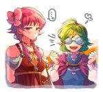  2girls arms_behind_back blush bow cape choker closed_mouth fire_emblem fire_emblem:_rekka_no_ken fire_emblem:_seima_no_kouseki fire_emblem_heroes glasses green_hair hair_bow hairband hzk_(ice17moon) long_hair long_sleeves low_twintails lute_(fire_emblem) multiple_girls nino_(fire_emblem) nintendo pink_bow purple_cape purple_hair short_hair twintails violet_eyes white_background 