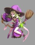  1girl absurdres ahoge bow broom broom_riding circlet crop_top danno_gs detached_sleeves fire_emblem fire_emblem:_kakusei fire_emblem_heroes full_body green_hair grey_background halloween_costume hat heart high_heels highres long_hair long_sleeves mamkute nintendo nowi_(fire_emblem) open_mouth pink_bow pointy_ears simple_background sleeves_past_fingers sleeves_past_wrists solo violet_eyes witch_hat 