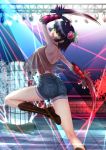  1girl adsouto arm_up artist_name black_hair blue_shorts blurry blurry_background boots breasts casual claw_(weapon) denim denim_shorts fingerless_gloves flower from_behind gloves glowing glowing_eyes green_eyes hair_flower hair_ornament halterneck hand_on_own_head highres looking_at_viewer looking_back medium_breasts miltiades_malachite nightclub rwby see-through short_hair short_shorts shorts solo standing standing_on_one_leg weapon 