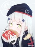  1girl beret commentary eating facial_mark food girls_frontline gloves green_eyes hamburger hat highres hk416_(girls_frontline) long_hair looking_at_viewer secretperson silver_hair simple_background solo 