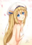  1girl bikini blonde_hair blue_eyes breasts cleavage from_side goblin_slayer! hat long_hair looking_at_viewer navel open_mouth priestess_(goblin_slayer!) reiya small_breasts solo swimsuit upper_body very_long_hair white_bikini white_bikini_top 