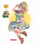  1girl :d artist_name blonde_hair blush_stickers book brown_footwear crown dress earrings full_body goombella green_dress hand_up helmet jewelry new_super_mario_bros._u_deluxe open_mouth paper_mario personification pocket ponytail short_sleeves simple_background smile super_crown super_paper_mario supersatanson thick_eyebrows watermark 