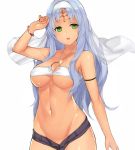  1girl arm_at_side arm_up armlet blue_hair bracelet breasts circle cleavage eyebrows_visible_through_hair green_eyes groin halterneck highres jewelry large_breasts long_hair looking_at_viewer micro_shorts midriff nakamura_nagare navel o-ring o-ring_top open_pants phantasy_star phantasy_star_online_2 shiny shiny_skin shorts sidelocks simple_background solo strapless tubetop under_boob veil white_background 