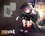  1girl blush_stickers brown_eyes chizu_(cheese) copyright_name english eyebrows_visible_through_hair g11_(girls_frontline) girls_frontline green_hat grey_hair hair_between_eyes hat head_tilt knee_pads long_hair long_sleeves looking_at_viewer off_shoulder parted_lips red_footwear shoes sitting solo stairs sun untied_shoes very_long_hair 