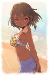  1girl arms_behind_back beach bikini_top black_hair breasts cleavage commentary_request dark_skin denim denim_shorts highres idolmaster idolmaster_cinderella_girls large_breasts looking_at_viewer looking_to_the_side mashou_boy natalia_(idolmaster) ocean short_hair shorts smile solo violet_eyes 