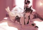  2girls animal_ears ass atago_(azur_lane) azur_lane bangs bare_legs barefoot bed_sheet black_bra black_gloves black_hair black_legwear black_panties blurry bra breasts cleavage closed_mouth commentary_request crossed_ankles curvy depth_of_field extra_ears eyebrows_visible_through_hair feet full_body gloves hair_between_eyes hair_ribbon half_gloves hayabusa highres hips indoors jewelry large_breasts legs legs_crossed light_smile long_hair looking_at_viewer lying mole mole_under_eye multiple_girls necklace on_bed on_stomach panties ponytail ribbon shadow sitting slit_pupils solo_focus swept_bangs takao_(azur_lane) thigh-highs underwear underwear_only very_long_hair white_ribbon window yellow_eyes 