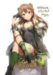  1girl ahoge anmi asymmetrical_legwear bangs bare_shoulders black_footwear blush boots bow breasts brown_hair camouflage_coat character_name choker cleavage coat collarbone commentary_request dated double_bun dress eyebrows_visible_through_hair fingerless_gloves fishnet_legwear fishnets fur-trimmed_coat fur_trim girls_frontline gloves green_eyes green_legwear hair_bow head_tilt holding_controller horizontal-striped_legwear jacket legs_crossed long_hair looking_at_viewer medium_breasts off_shoulder open_clothes open_coat paint_splatter rfb_(girls_frontline) short_dress sidelocks signature simple_background sitting smile solo striped striped_legwear v vertical-striped_legwear vertical_stripes white_background 