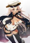  1girl arched_back ass azur_lane bangs black_gloves black_legwear blonde_hair blue_eyes breasts cape cleavage commentary_request dark_skin detached_collar detached_sleeves double-breasted dress fingerless_gloves gloves gold_trim gradient gradient_background hair_between_eyes hand_on_hip hat hayakawa_akari highres leaning_forward long_hair medium_breasts necktie short_dress sidelocks simple_background solo tennessee_(azur_lane) thigh-highs thigh_strap triple_horizontal_stripe very_long_hair white_dress 