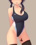  1girl black_hair black_legwear black_swimsuit breasts bug butterfly butterfly_tattoo cleavage commentary_request competition_swimsuit facing_viewer grey_background head_out_of_frame highleg highleg_swimsuit insect kajanda large_breasts long_hair low_twintails one-piece_swimsuit original simple_background solo swimsuit tattoo thigh-highs twintails 