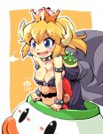  1boy 1girl :d arm_support armlet ass bangs bare_shoulders bent_over black_dress black_nails blonde_hair blue_eyes blush bowser bowsette bracelet breast_rest breasts breasts_on_head brown_hair collar collarbone crown dress earrings eyebrows_visible_through_hair facial_hair gem genderswap genderswap_(mtf) hat horns jewelry long_hair mario super_mario_bros. mustache nail_polish new_super_mario_bros._u_deluxe nino_(ninouchi_irazu) nintendo open_mouth overalls ponytail red_hat red_shirt sharp_teeth shirt smile spiked_bracelet spiked_collar spiked_shell spikes strapless strapless_dress super_crown super_mario_bros. teeth thick_eyebrows turtle_shell 