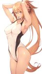  1girl armpits arms_behind_head arms_up bangs bare_shoulders black-framed_eyewear blonde_hair blue_eyes blush breasts collarbone competition_swimsuit covered_navel fate/grand_order fate_(series) glasses hair_between_eyes highleg highleg_swimsuit hips jeanne_d&#039;arc_(fate)_(all) jeanne_d&#039;arc_(swimsuit_archer) large_breasts long_hair looking_at_viewer mouth_hold nanao_(mahaya) one-piece_swimsuit ponytail simple_background solo swimsuit thighs very_long_hair waist white_background white_swimsuit 