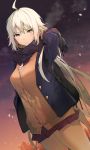  1girl ahoge blazer cardigan fate/grand_order fate_(series) highres itohana jacket jeanne_d&#039;arc_(alter)_(fate) jeanne_d&#039;arc_(fate)_(all) long_hair looking_at_viewer scarf school_uniform skirt very_long_hair white_hair yellow_eyes 