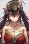  1girl ahoge azur_lane bangs bare_shoulders black_hair blush breast_suppress breasts cleavage collarbone eyebrows_visible_through_hair hair_between_eyes hair_ornament hair_ribbon huge_breasts japanese_clothes kimono large_breasts long_hair looking_at_viewer mask mask_on_head open_mouth petals red_eyes ribbon shaded_face sidelocks smile solo taihou_(azur_lane) upper_body uutan_(shibainu_kakumei) very_long_hair yandere 