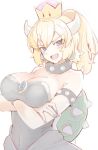  1girl bare_shoulders black_dress blonde_hair blue_eyes blush bowser bowsette bracelet breasts collar crown dress genderswap genderswap_(mtf) horns jewelry large_breasts looking_at_viewer super_mario_bros. mobu nail_polish new_super_mario_bros._u_deluxe nintendo ponytail sharp_teeth spiked_bracelet spiked_collar spikes super_crown super_mario_bros. teeth turtle_shell 