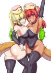  2girls :d arm_up armpits ass bare_shoulders black_legwear black_nails blonde_hair blue_eyes bowsette breast_press breasts collar commentary covered_navel crown dark_skin detached_sleeves dual_persona eyebrows_visible_through_hair eyes_visible_through_hair genderswap genderswap_(mtf) grin highres horns huge_breasts leotard looking_at_viewer super_mario_bros. multiple_girls nail_polish nav new_super_mario_bros._u_deluxe nintendo open_mouth pink_eyes pointy_ears ponytail redhead sharp_teeth simple_background smile spiked_collar spiked_tail spikes super_crown symmetrical_docking tail teeth thick_eyebrows thigh-highs turtle_shell white_background 