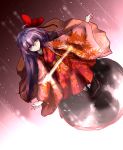  1girl absurdres amagi_(amagi626) dutch_angle hair_ribbon highres japanese_clothes kimono long_hair long_sleeves purple_hair red_ribbon ribbon solo sukuna_shinmyoumaru touhou violet_eyes wide_sleeves 