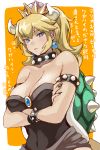  1girl armlet bangs bare_shoulders black_dress black_nails blonde_hair blue_eyes bowser bowsette bracelet breasts brooch cleavage collar crossed_arms crown dress earrings gem genderswap genderswap_(mtf) highres horns jewelry large_breasts long_hair looking_at_viewer super_mario_bros. nail_polish new_super_mario_bros._u_deluxe nintendo parted_lips ponytail spiked_armlet spiked_bracelet spiked_collar spiked_shell spikes strapless strapless_dress super_crown super_mario_bros. tail thick_eyebrows turtle_shell youhei_(testament) 