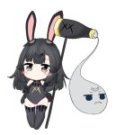  1girl :&lt; animal_ears bailingxiao_jiu bare_shoulders black_gloves black_hair black_legwear black_leotard brown_eyes character_request chibi closed_eyes closed_mouth elbow_gloves girls_frontline gloves headgear holding kine leotard long_hair mallet rabbit_ears simple_background solo standing thigh-highs white_background 
