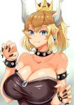  1girl armlet bare_shoulders black_dress blonde_hair blue_eyes bowser bowsette bracelet breasts claw_pose claws collar collarbone dress earrings fang fang_out genderswap genderswap_(mtf) gradient gradient_background grey_background highres jewelry large_breasts super_mario_bros. nail_polish new_super_mario_bros._u_deluxe nintendo sharp_teeth solo spiked_bracelet spiked_collar spikes strapless strapless_dress super_crown teeth turtle_shell upper_body yac_(mokkori) 