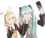  2girls aqua_eyes aqua_hair aqua_neckwear ascot blonde_hair blue_eyes bow cellphone cellphone_camera collared_shirt detached_sleeves eyebrows_visible_through_hair hair_between_eyes hair_bow hair_ornament hairband hairclip hand_on_own_cheek hand_on_own_face hands_up hatsune_miku height_difference holding holding_phone kagamine_rin long_hair mefomefo multiple_girls necktie phone sailor_collar self_shot shirt short_hair simple_background sleeveless smile twintails upper_body vocaloid white_background white_bow yellow_neckwear 